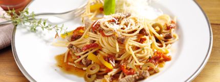 Angerichtes Gericht für das Rezept Spaghetti mit Roastbeef